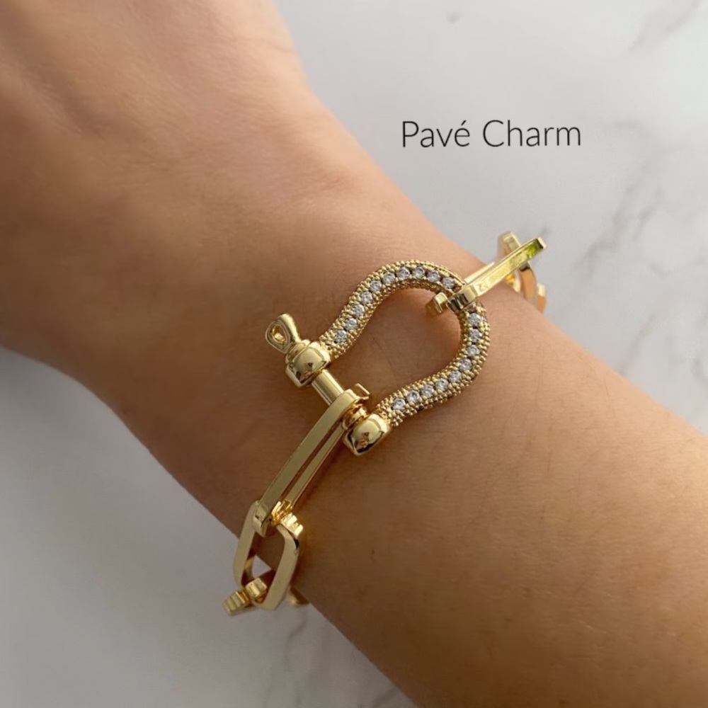 NEW Gold Paperclip Chain Bracelet with Pave Lock Charm